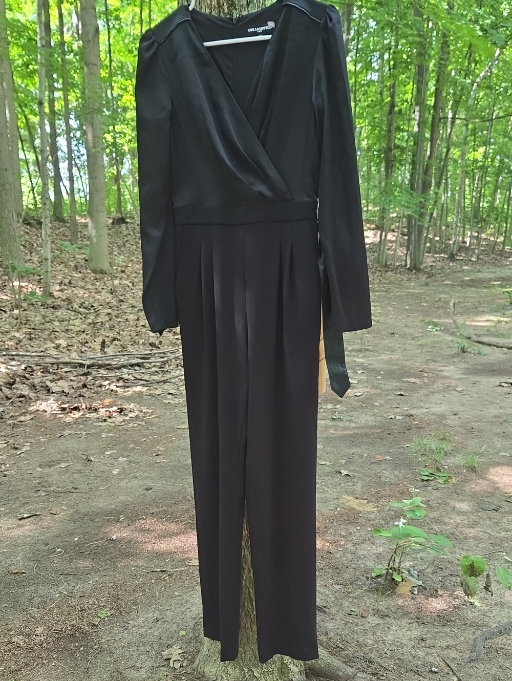 Karl Lagerfeld Black Long-Sleeve Wrap-Front Jumpsuit